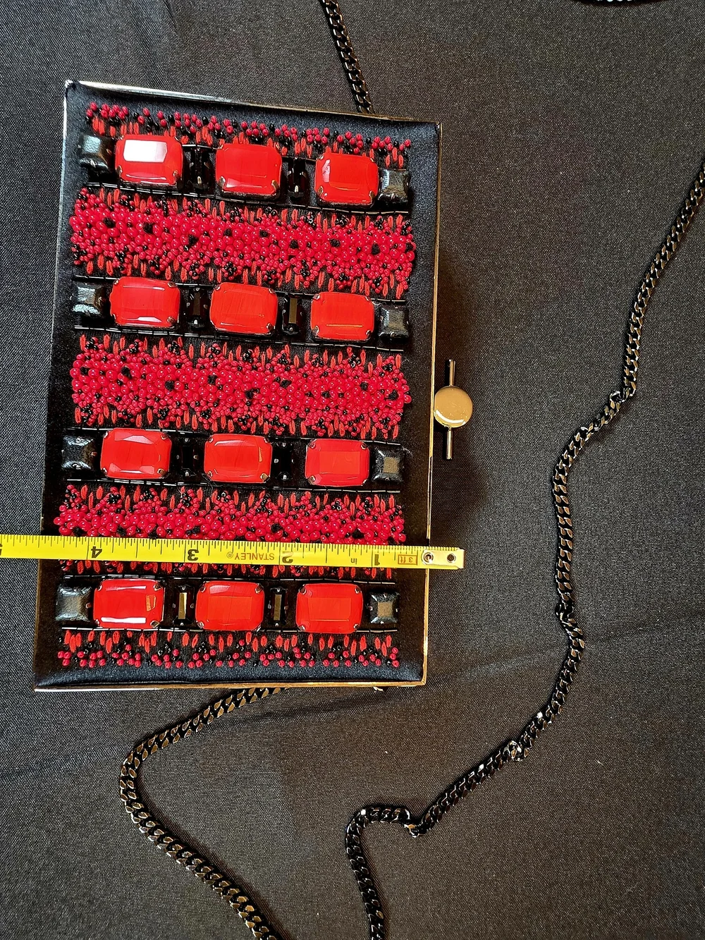 Jason Wu Minaudiere Clutch. Hand Beaded Red Detail with Black Satin.